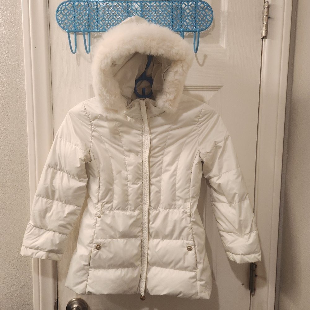Versace fur trim hood down filled puffer jacket size 8/10/12?